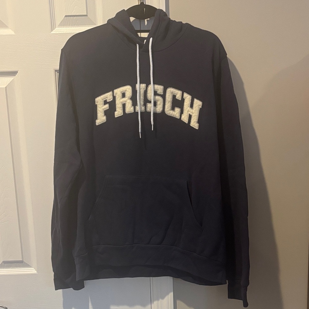 Frisch: Bella Canvas Dark Blue Hoodie With Frisch White Logo